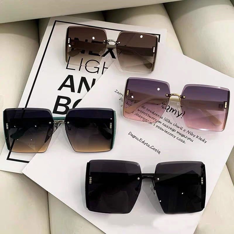 Vintage Alloy Chain Frame Oversize Gradient Sunglasses Rivet Square Sunglasses