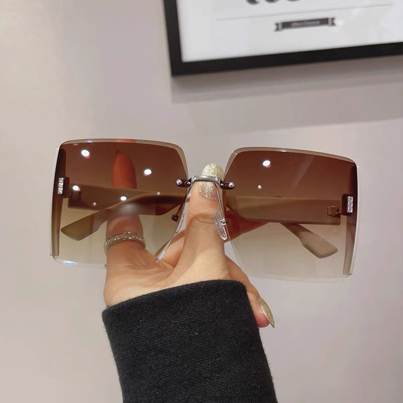 Vintage Alloy Chain Frame Oversize Gradient Sunglasses Rivet Square Sunglasses