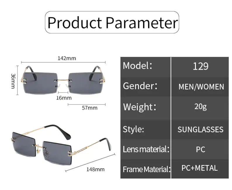 Mens Tint Retro Polarized Gradient Rectangular Vintage Rimless Sunglasses.With Sunglass Case
