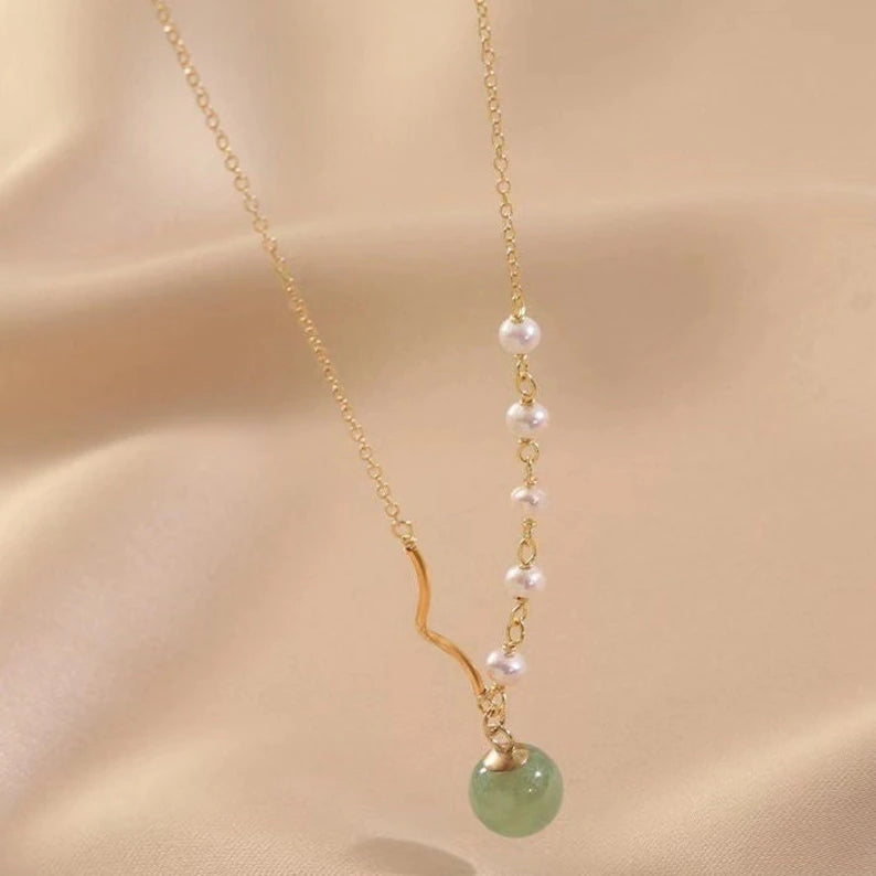 18k Gold natural jade with pearls Necklace, jade Necklace ,With Gift Box