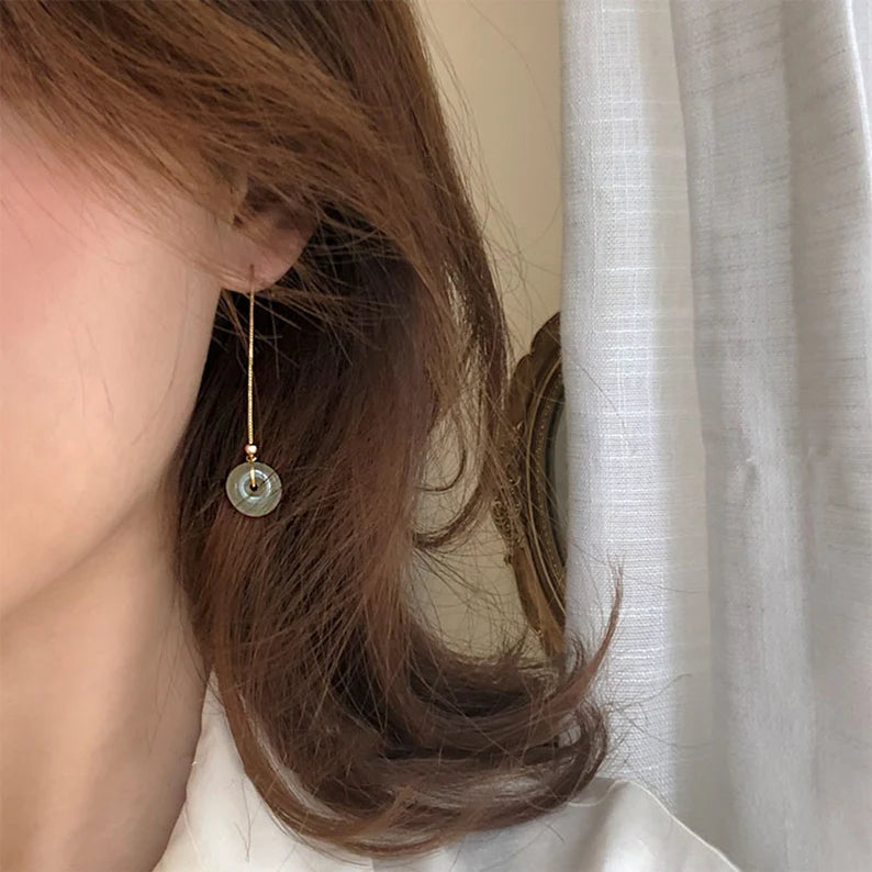 Fast shipping 18k Gold Jade Donuts Pendant Earrings, Minimalist Circle Jade Drop Earrings, Lucky Gift,With Gift Box