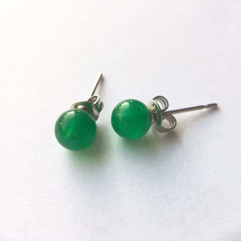 14K Gold vermeil Studs, 6MM Small Natural Jade earrings, natural jade studs,