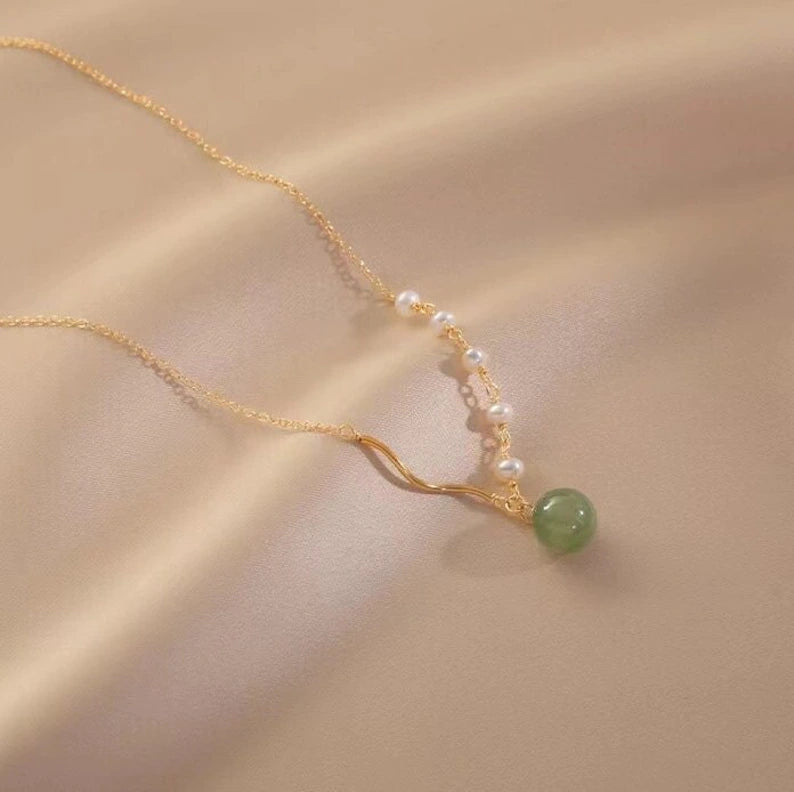 18k Gold natural jade with pearls Necklace, jade Necklace ,With Gift Box