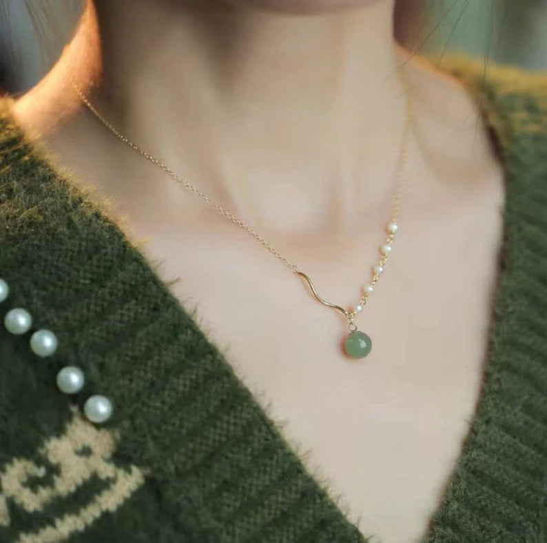 18k Gold natural jade with pearls Necklace, jade Necklace ,With Gift Box