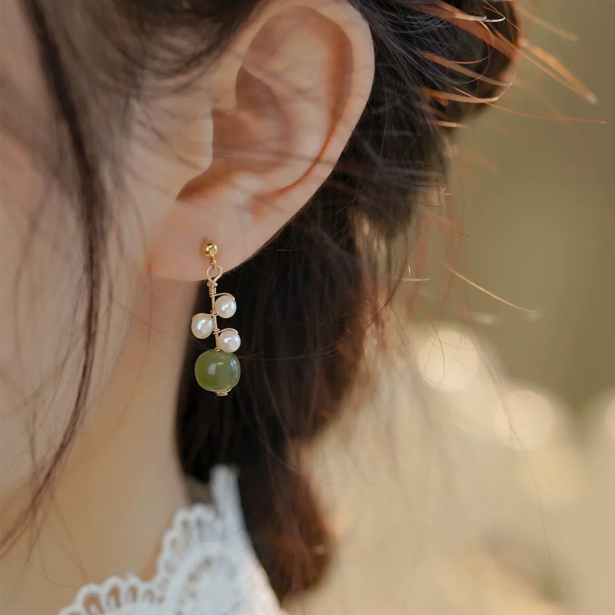 2022 Oriental Jade Pearl Earrings, Classic Green Jade Earrings