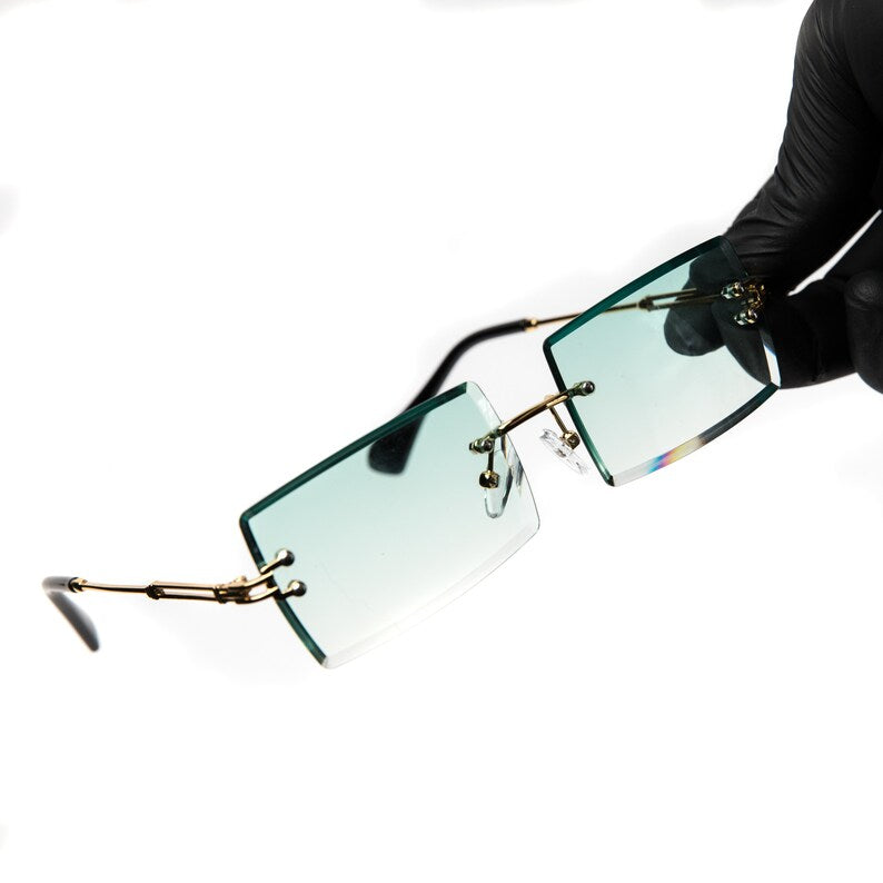 Mens Tint Retro Polarized Gradient Rectangular Vintage Rimless Sunglasses.With Sunglass Case
