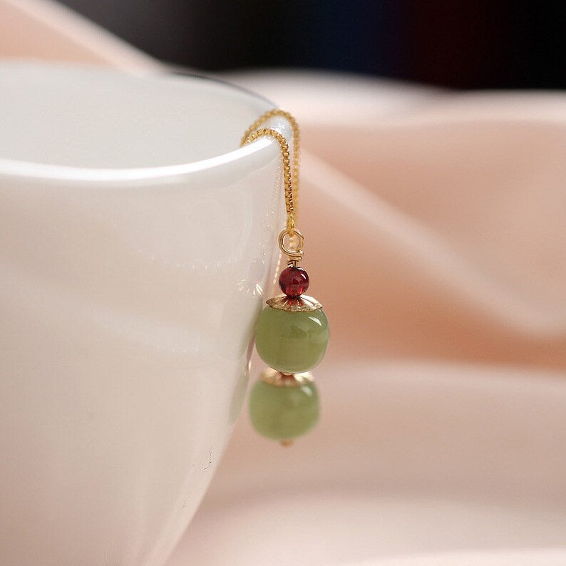 2022 Jade Bead Earrings, 14K Gold Hetian Jade Beaded Long Wire Earrings, Ear Hook Ear Wire for Women