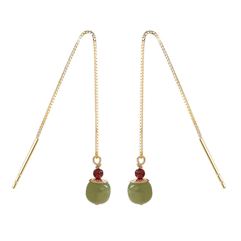 2022 Jade Bead Earrings, 14K Gold Hetian Jade Beaded Long Wire Earrings, Ear Hook Ear Wire for Women