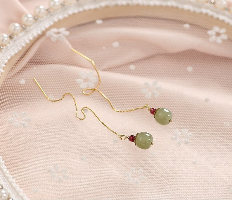 2022 Jade Bead Earrings, 14K Gold Hetian Jade Beaded Long Wire Earrings, Ear Hook Ear Wire for Women