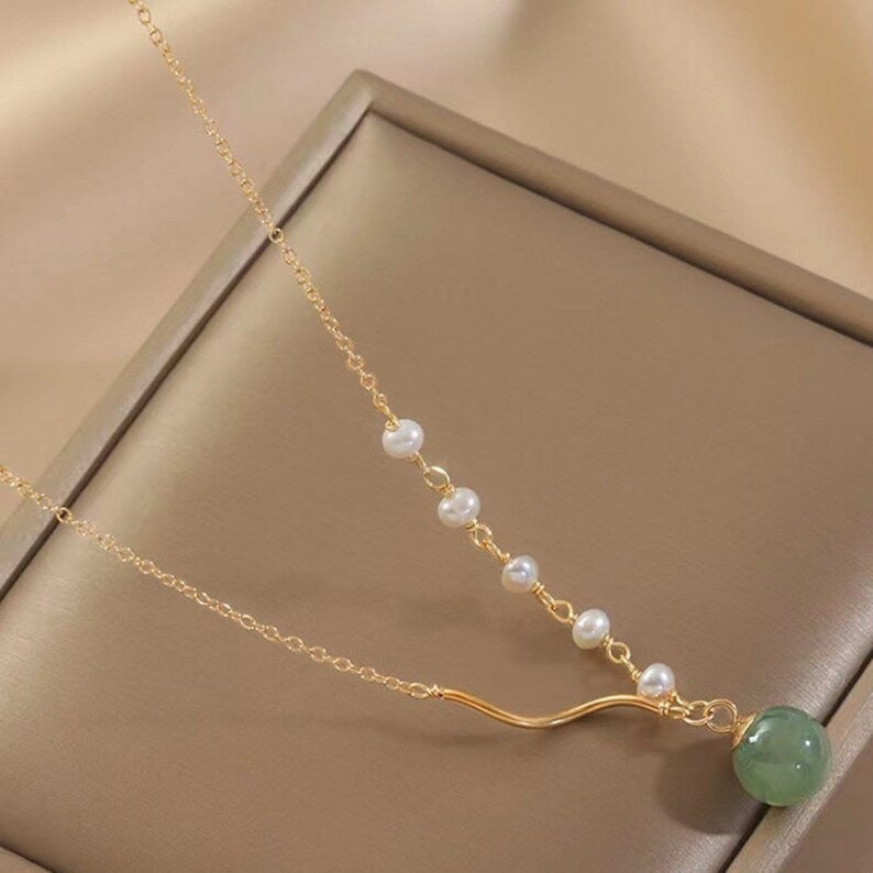 18k Gold natural jade with pearls Necklace, jade Necklace ,With Gift Box