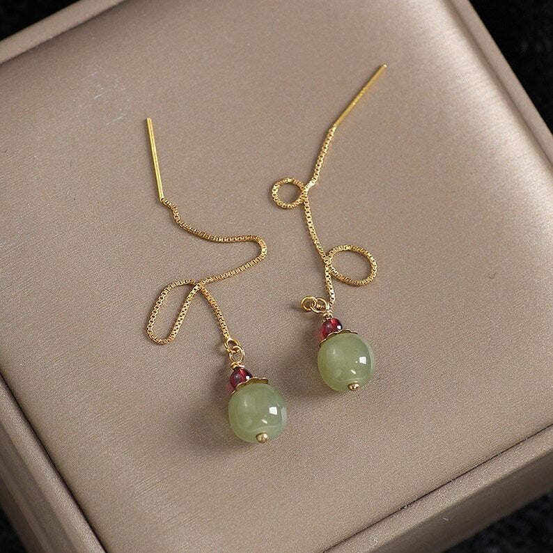 2022 Jade Bead Earrings, 14K Gold Hetian Jade Beaded Long Wire Earrings, Ear Hook Ear Wire for Women