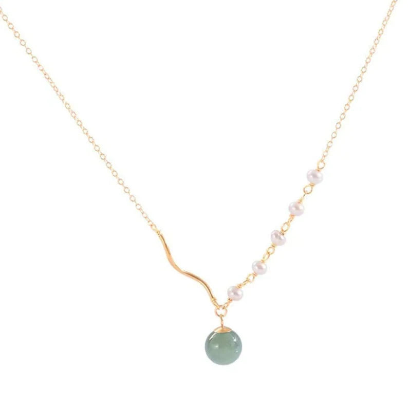 18k Gold natural jade with pearls Necklace, jade Necklace ,With Gift Box