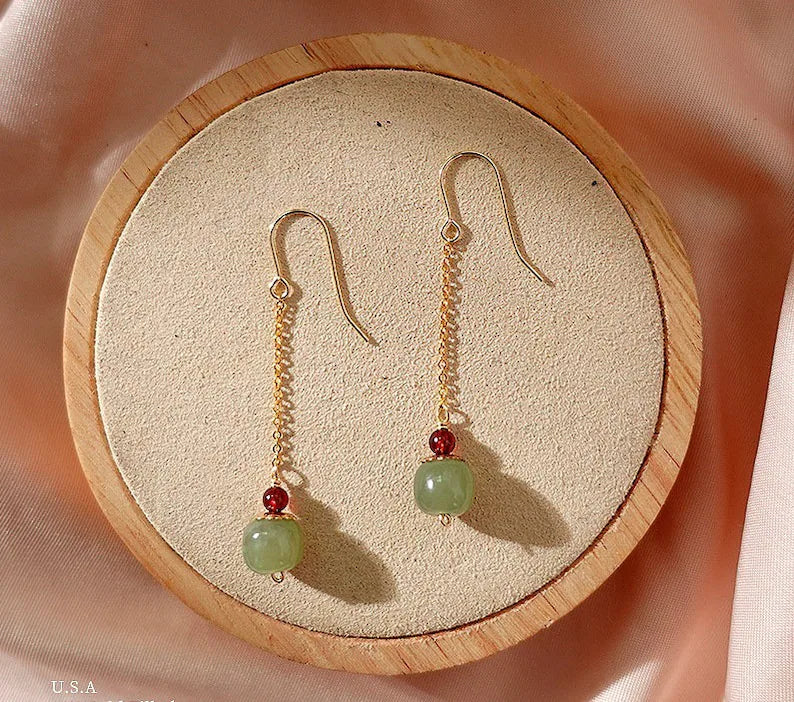 2022 Jade Bead Earrings, 14K Gold Hetian Jade Beaded Long Wire Earrings, Ear Hook Ear Wire for Women