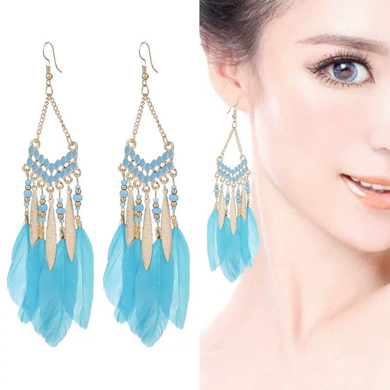 Women Feather Earrings Long Hook Dangle Beaded Jewelry Tassel Earring Bohemian