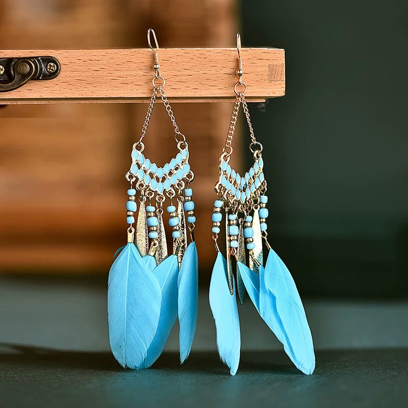 Women Feather Earrings Long Hook Dangle Beaded Jewelry Tassel Earring Bohemian