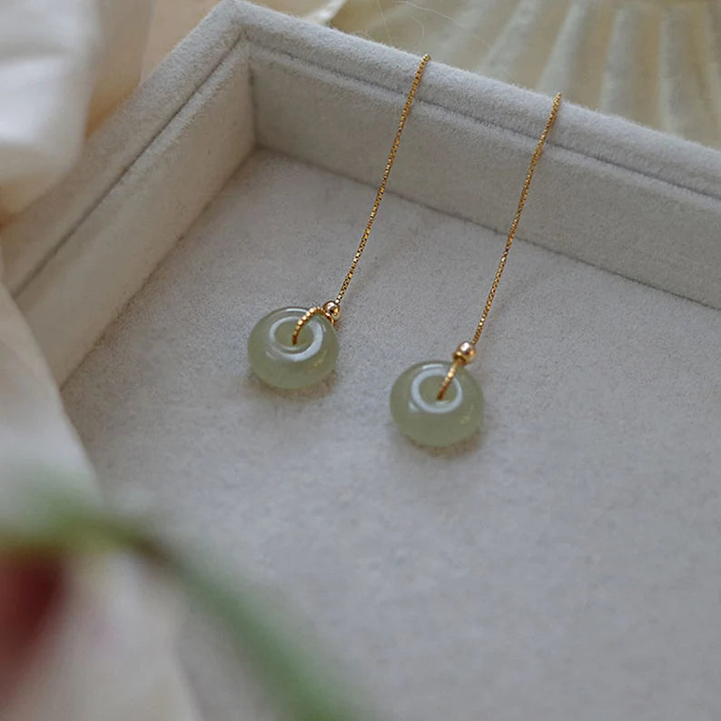 Fast shipping 18k Gold Jade Donuts Pendant Earrings, Minimalist Circle Jade Drop Earrings, Lucky Gift,With Gift Box