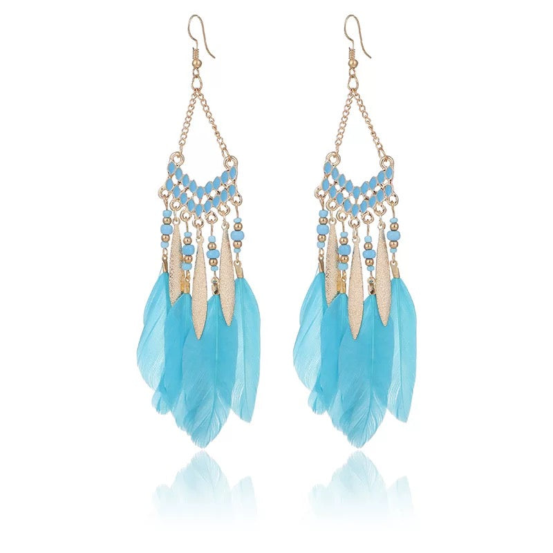 Women Feather Earrings Long Hook Dangle Beaded Jewelry Tassel Earring Bohemian